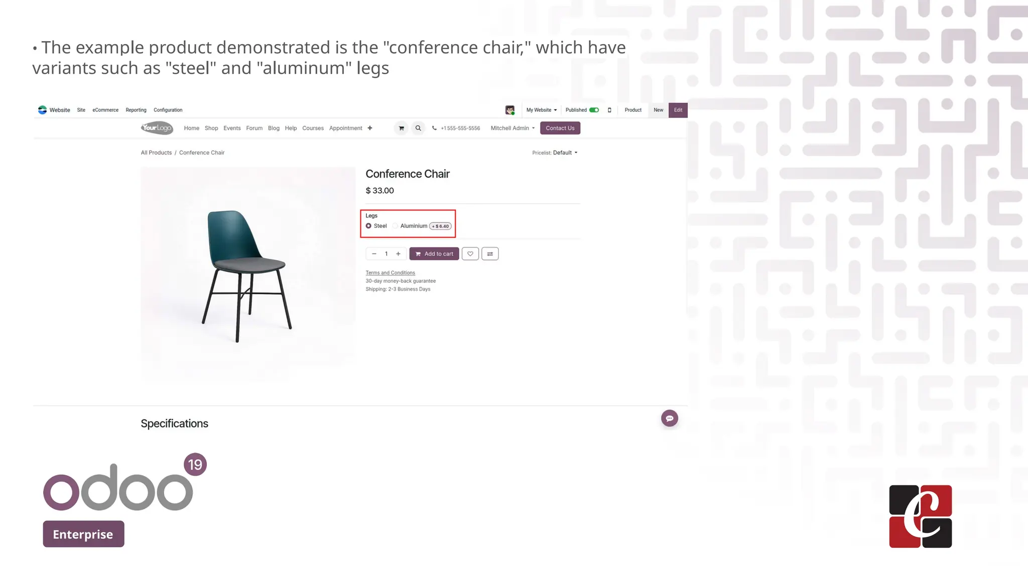 Enterprise
• The example product demonstrated is the "conference chair," which have
variants such as "steel" and "aluminum" legs