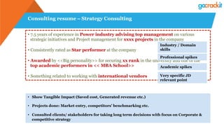 Consulting resume – Strategy Consulting
• 7.5 years of experience in Power industry advising top management on various
strategic initiatives and Project management for xxxx projects in the company
• Consistently rated as Star performer at the company
• Awarded by <<Big personality>> for securing xx rank in the university and one of the
top academic performers in << MBA School>>
• Something related to working with international vendors
Professional spikes
Industry / Domain
skills
Academic spikes
Very specific JD
relevant point
•  Show Tangible Impact (Saved cost, Generated revenue etc.)
•  Projects done: Market entry, competitors’ benchmarking etc.
•  Consulted clients/ stakeholders for taking long term decisions with focus on Corporate &
competitive strategy
 