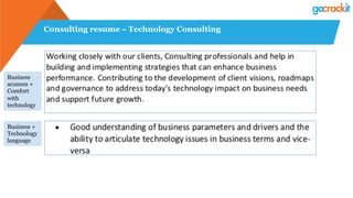 Consulting resume – Technology Consulting
Business
acumen +
Comfort
with
technology
Business +
Technology
language
 