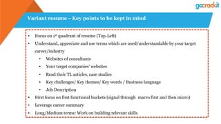 Variant resume – Key points to be kept in mind
•  Focus on 1st quadrant of resume (Top-Left)
•  Understand, appreciate and use terms which are used/understandable by your target
career/industry
•  Websites of consultants
•  Your target companies’ websites
•  Read their TL articles, case studies
•  Key challenges/ Key themes/ Key words / Business language
•  Job Description
•  First focus on first functional buckets (signal through macro first and then micro)
•  Leverage career summary
•  Long/Medium terms: Work on building relevant skills
 