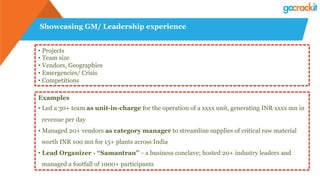 Showcasing GM/ Leadership experience
• Projects
• Team size
• Vendors, Geographies
• Emergencies/ Crisis
• Competitions
Examples
• Led a 30+ team as unit-in-charge for the operation of a xxxx unit, generating INR xxxx mn in
revenue per day
• Managed 20+ vendors as category manager to streamline supplies of critical raw material
worth INR 100 mn for 15+ plants across India
• Lead Organizer - “Samantran” – a business conclave; hosted 20+ industry leaders and
managed a footfall of 1000+ participants
 