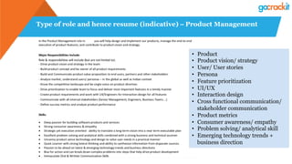 Type of role and hence resume (indicative) – Product Management
•  Product
•  Product vision/ strategy
•  User/ User stories
•  Persona
•  Feature prioritization
•  UI/UX
•  Interaction design
•  Cross functional communication/
stakeholder communication
•  Product metrics
•  Consumer awareness/ empathy
•  Problem solving/ analytical skill
•  Emerging technology trends +
business direction
 