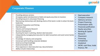 Corporate Finance
•  Providing	advisory	services	
•  Arranging	capital	and	placement	of	debt	and	equity	securities	to	investors	
•  Providing	long	term	and	project	financing		
•  Maintaining	relationships	with	Banking	clients	of	the	bank	in	order	to	attain	the	bank	s	objective	of	Brand	
leadership	
•  Collateral	Preparation	and	Pitching	
•  Deal	Execution	
•  Industry	and	Company	Research	
•  Business	Development	
•  Assisting	the	team	in	pitching,	ideation	deal	execution	
•  Independently	managing	deal	execution	for	debt	transactions	and	assist	senior	bankers	for	equity	transaction	
execution	
•  Knowledge	of	industry	and	companies	
•  Conversant	with	handling	corporate	database	
•  Good	accounting	knowledge	
•  Good	presentation	skills	
•  Prior	experience	in	deal	execution	esp.	documentation	
•  Ability	to	build	relationships	
•  Deal	execution		
•  Company	research		
•  Advisory	services	
•  Project	financing	
•  Presentation	skills	
•  Financial	justification	
•  Equity	securities	
•  Banking	&	Capital	
•  Research	
•  Placement	
•  Financing	
•  Compliance	
•  Analytical	
•  WCM,	cash	flow,	trade	
finance,	FM	
 