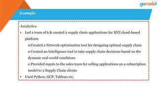 Example
Analytics
•  Led a team of 6 & created 2 supply chain applications for XYZ cloud-based
platform
o Created a Network optimization tool for designing optimal supply chain
o Created an Intelligence tool to take supply chain decisions based on the
dynamic real-world conditions
o Provided inputs to the sales team for selling applications on a subscription
model to 2 Supply Chain clients
•  Used Python, GCP, Tableau etc.
 