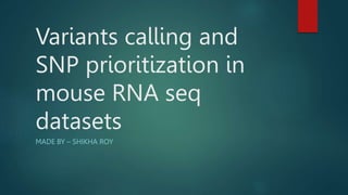Variants calling and
SNP prioritization in
mouse RNA seq
datasets
MADE BY – SHIKHA ROY
 