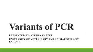 Variants of PCR
PRESENTED BY: AYESHA KABEER
UNIVERSITY OF VETERINARY AND ANIMAL SCIENCES,
LAHORE
 