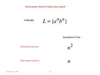 Costas Busch - RPI 16
Same power doesn’t imply same speed:
Language
}{ nn
baL =
Acceptance Time
Standard machine
Two-tape machine
2
n
n
 