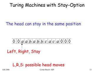 Fall 2006 Costas Busch - RPI 13
Turing Machines with Stay-Option
The head can stay in the same position
◊◊ a a c ◊◊ ◊b a cb b a a
Left, Right, Stay
L,R,S: possible head moves
 