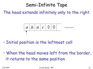Fall 2006 Costas Busch - RPI 23
Semi-Infinite Tape
.........a b a c ◊ ◊
• When the head moves left from the border,
it returns to the same position
The head extends infinitely only to the right
• Initial position is the leftmost cell
 