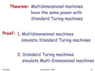 Fall 2006 Costas Busch - RPI 51
Multidimensional machines
have the same power with
Standard Turing machines
Theorem:
Proof: 1. Multidimensional machines
simulate Standard Turing machines
2. Standard Turing machines
simulate Multi-Dimensional machines
 