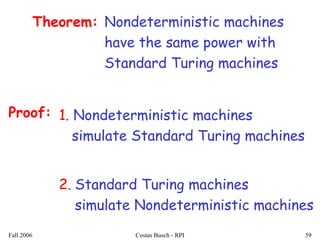 Fall 2006 Costas Busch - RPI 59
Nondeterministic machines
have the same power with
Standard Turing machines
Theorem:
Proof: 1. Nondeterministic machines
simulate Standard Turing machines
2. Standard Turing machines
simulate Nondeterministic machines
 