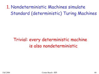 Fall 2006 Costas Busch - RPI 60
1. Nondeterministic Machines simulate
Standard (deterministic) Turing Machines
Trivial: every deterministic machine
is also nondeterministic
 