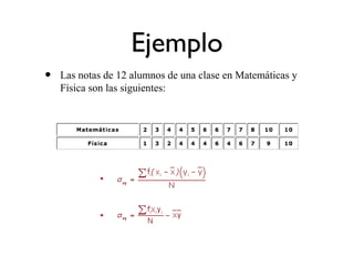 Ejemplo
• Las notas de 12 alumnos de una clase en Matemáticas y
Física son las siguientes:
 