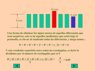 10 cms

                                                                  6 cms

         8 cms.



 Una forma de eliminar los signos menos de aquellas diferencias que
 sean negativas, esto es de aquellos mediciones que estén bajo el
 promedio, es elevar al cuadrado todas las diferencias, y luego sumar...

            02 + 02 + 02 + 02 + 22 + 02 + 02 + (– 2)2 + 02 = 8

Y este resultado repartirlo entre todos los rectángulos, es decir lo
dividimos por el número de rectángulos que es 9

 02 + 02 + 02 + 02 + 22 + 02 + 02 + (– 2)2 + 02 =    8
                                                         = 0,89
                       9                             9
 