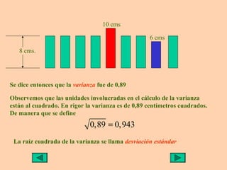 10 cms

                                                   6 cms

   8 cms.




Se dice entonces que la varianza fue de 0,89

Observemos que las unidades involucradas en el cálculo de la varianza
están al cuadrado. En rigor la varianza es de 0,89 centímetros cuadrados.
De manera que se define
                              0,89 = 0,943
 La raíz cuadrada de la varianza se llama desviación estándar
 