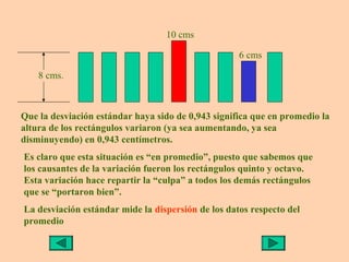 10 cms

                                                    6 cms

    8 cms.



Que la desviación estándar haya sido de 0,943 significa que en promedio la
altura de los rectángulos variaron (ya sea aumentando, ya sea
disminuyendo) en 0,943 centímetros.
Es claro que esta situación es “en promedio”, puesto que sabemos que
los causantes de la variación fueron los rectángulos quinto y octavo.
Esta variación hace repartir la “culpa” a todos los demás rectángulos
que se “portaron bien”.
La desviación estándar mide la dispersión de los datos respecto del
promedio
 