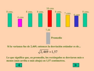 10 cms
8 cms.           8 cms.    8 cms.            8 cms.                     8 cms.
                                                      7 cms.
                                                               6 cms
         4 cms



                                    7,44


                                           Promedio


Si la varianza fue de 2,469, entonces la desviación estándar es de...

                               2, 469 = 1,57
Lo que significa que, en promedio, los rectángulos se desviaron más o
menos (más arriba o más abajo) en 1,57 centímetros.
 