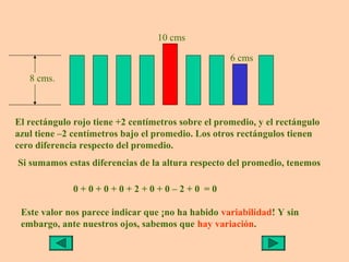 10 cms

                                                    6 cms

   8 cms.



El rectángulo rojo tiene +2 centímetros sobre el promedio, y el rectángulo
azul tiene –2 centímetros bajo el promedio. Los otros rectángulos tienen
cero diferencia respecto del promedio.
Si sumamos estas diferencias de la altura respecto del promedio, tenemos

              0+0+0+0+2+0+0–2+0 =0

 Este valor nos parece indicar que ¡no ha habido variabilidad! Y sin
 embargo, ante nuestros ojos, sabemos que hay variación.
 