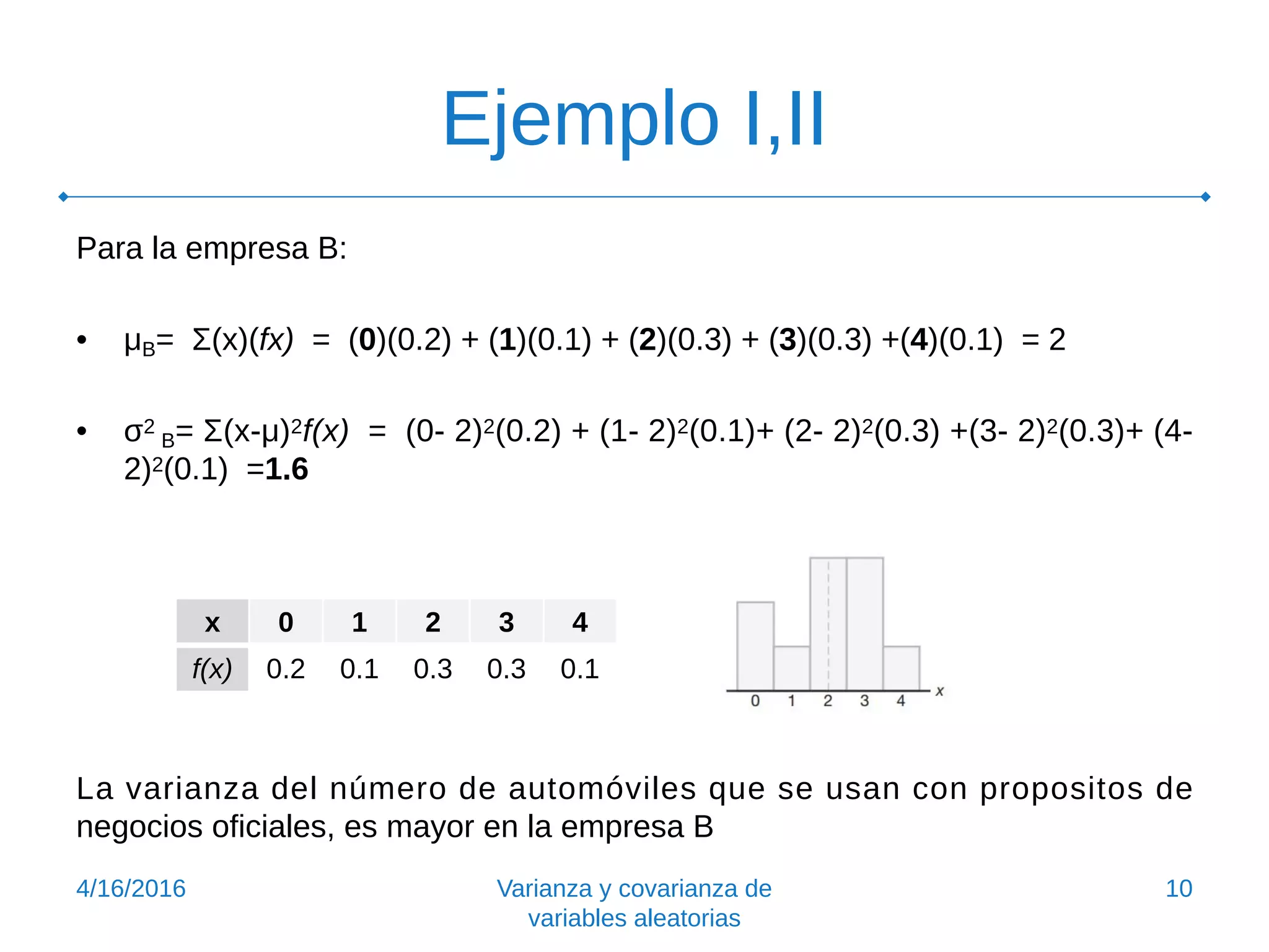 Ejemplo I,II
Para la empresa B:
• μB= Σ(x)(fx) = (0)(0.2) + (1)(0.1) + (2)(0.3) + (3)(0.3) +(4)(0.1) = 2
• σ2
B= Σ(x-μ)2f(x) = (0- 2)2(0.2) + (1- 2)2(0.1)+ (2- 2)2(0.3) +(3- 2)2(0.3)+ (4-
2)2(0.1) =1.6
La varianza del número de automóviles que se usan con propositos de
negocios oficiales, es mayor en la empresa B
4/16/2016 Varianza y covarianza de
variables aleatorias
10
x 0 1 2 3 4
f(x) 0.2 0.1 0.3 0.3 0.1
 
