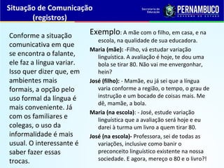 Situação de Comunicação
(registros)
Exemplo: A mãe com o filho, em casa, e na
escola, na qualidade de sua educadora.
Maria (mãe): -Filho, vá estudar variação
linguística. A avaliação é hoje, te dou uma
bola se tirar 80. Não vai me envergonhar,
hein?
José (filho): - Mamãe, eu já sei que a língua
varia conforme a região, o tempo, o grau de
instrução e um bocado de coisas mais. Me
dê, mamãe, a bola.
Maria (na escola): - José, estude variação
linguística que a avaliação será hoje e eu
darei à turma um livro a quem tirar 80.
José (na escola)- Professora, sei de todas as
variações, inclusive como banir o
preconceito linguístico existente na nossa
sociedade. E agora, mereço o 80 e o livro?!
Conforme a situação
comunicativa em que
se encontra o falante,
ele faz a língua variar.
Isso quer dizer que, em
ambientes mais
formais, a opção pelo
uso formal da língua é
mais conveniente. Já
com os familiares e
colegas, o uso da
informalidade é mais
usual. O interessante é
saber fazer essas
trocas.
 