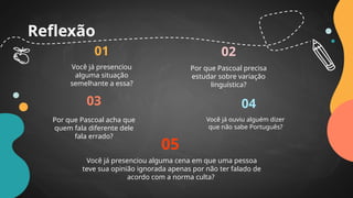 Reflexão
02
04
01
03
Você já presenciou
alguma situação
semelhante a essa?
Por que Pascoal precisa
estudar sobre variação
linguística?
Por que Pascoal acha que
quem fala diferente dele
fala errado?
Você já ouviu alguém dizer
que não sabe Português?
05
Você já presenciou alguma cena em que uma pessoa
teve sua opinião ignorada apenas por não ter falado de
acordo com a norma culta?
 
