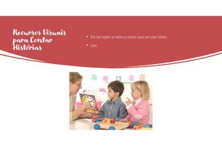 Recursos Visuais
para Contar
Histórias
• Você deve explorar ao máximo os recursos visuais para contar histórias:
• Livros
 