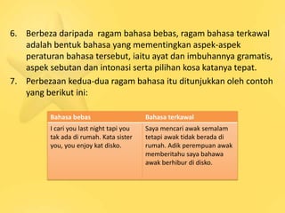 6. Berbeza daripada ragam bahasa bebas, ragam bahasa terkawal
   adalah bentuk bahasa yang mementingkan aspek-aspek
   peraturan bahasa tersebut, iaitu ayat dan imbuhannya gramatis,
   aspek sebutan dan intonasi serta pilihan kosa katanya tepat.
7. Perbezaan kedua-dua ragam bahasa itu ditunjukkan oleh contoh
   yang berikut ini:

         Bahasa bebas                     Bahasa terkawal
         I cari you last night tapi you   Saya mencari awak semalam
         tak ada di rumah. Kata sister    tetapi awak tidak berada di
         you, you enjoy kat disko.        rumah. Adik perempuan awak
                                          memberitahu saya bahawa
                                          awak berhibur di disko.
 