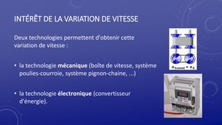INTÉRÊT DE LA VARIATION DE VITESSE
Deux technologies permettent d'obtenir cette
variation de vitesse :
• la technologie mécanique (boîte de vitesse, système
poulies-courroie, système pignon-chaine, ...)
• la technologie électronique (convertisseur
d'énergie).
14
 