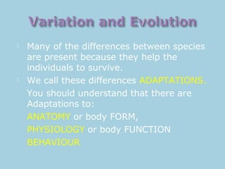  Many of the differences between species
are present because they help the
individuals to survive.
 We call these differences ADAPTATIONS.
You should understand that there are
Adaptations to:
ANATOMY or body FORM,
PHYSIOLOGY or body FUNCTION
BEHAVIOUR
 
