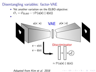 Disentangling variables: factor-VAE
Yet another variation on the ELBO objective:
Oγ = OELBO − γD (q(z) ¯q(z))
Adapted from Kim et al. 2018
 