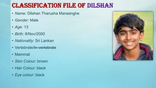 CLASSIFICATION FILE OF DILSHAN
• Name: Dilshan Tharusha Marasinghe
• Gender: Male
• Age: 13
• Birth: 8/Nov/2000
• Nationality: Sri Lankan
• Vertebrate/In-vertebrate
• Mammal
• Skin Colour: brown
• Hair Colour: black
• Eye colour: black