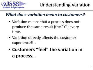 Understanding VariationWhat does variation mean to customers?Variation means that a process does not produce the same result (the “Y”) every time.Variation directly affects the customer experience!!!.Customers “feel” the variation in a process…5