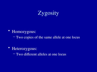 Zygosity
• Homozygous:
– Two copies of the same allele at one locus
• Heterozygous:
– Two different alleles at one locus
 