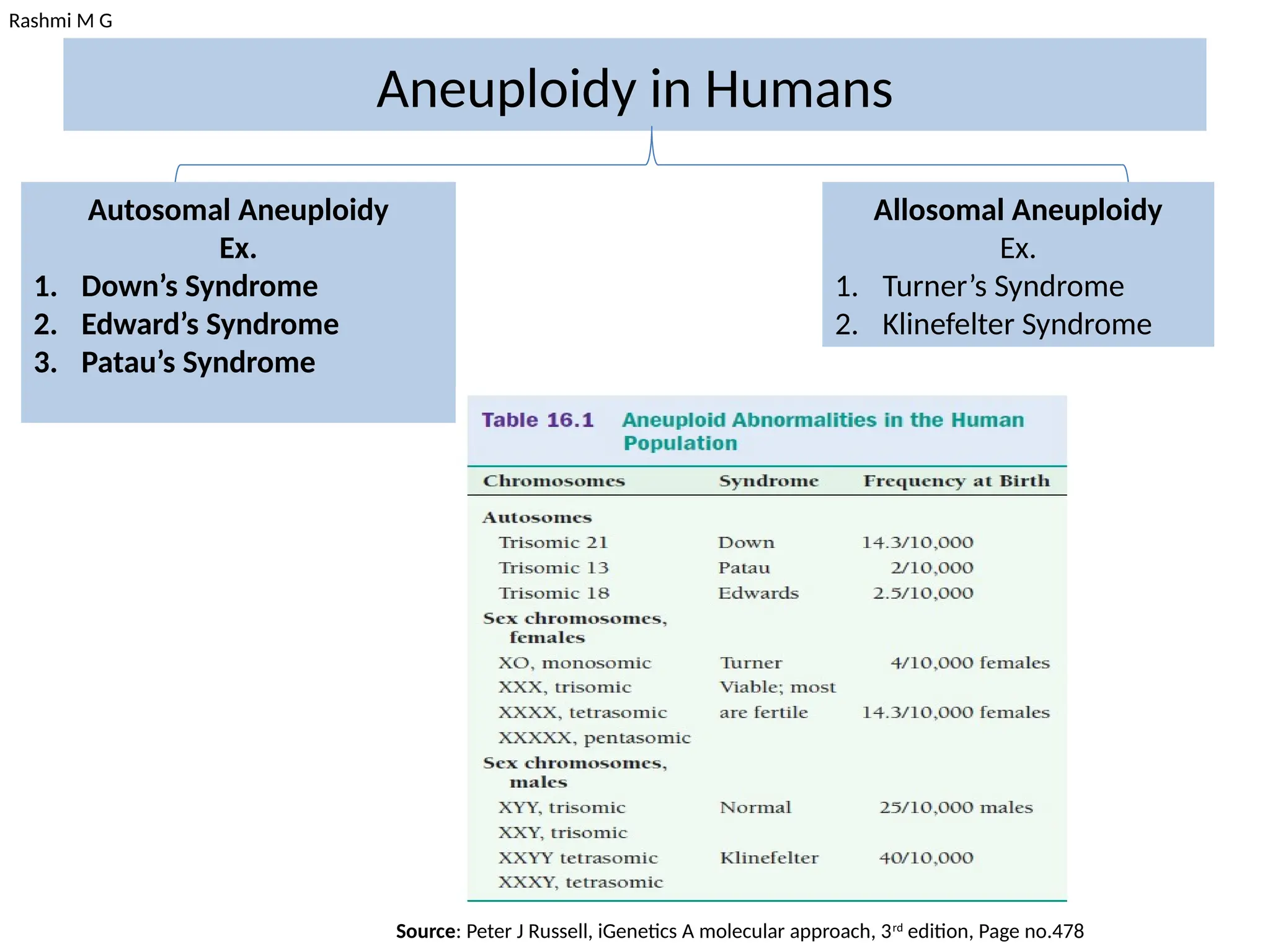Rashmi M G
Aneuploidy in Humans
Autosomal Aneuploidy
Ex.
1. Down’s Syndrome
2. Edward’s Syndrome
3. Patau’s Syndrome
Allosomal Aneuploidy
Ex.
1. Turner’s Syndrome
2. Klinefelter Syndrome
Source: Peter J Russell, iGenetics A molecular approach, 3rd
edition, Page no.478
 