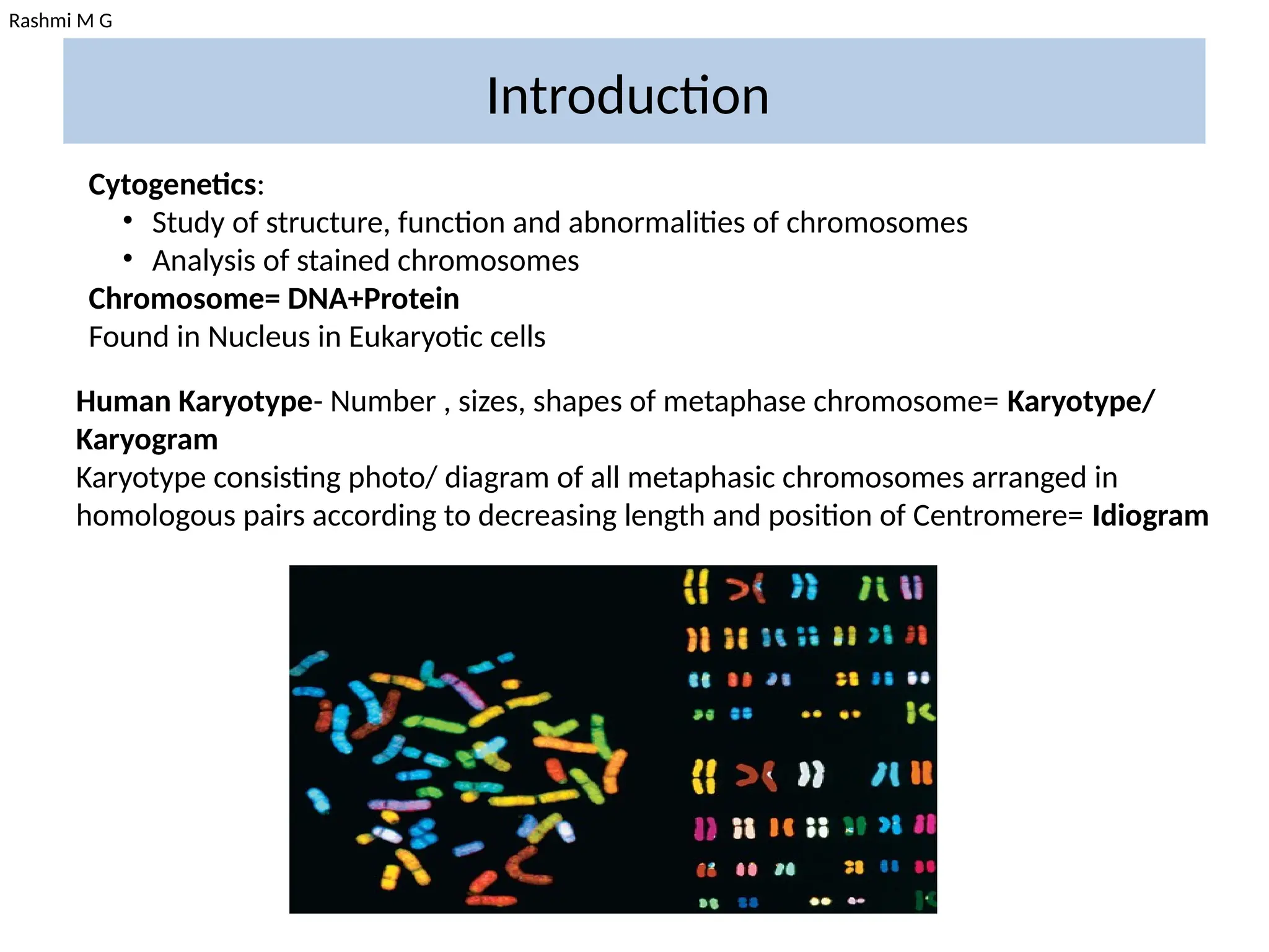 Rashmi M G
Introduction
Cytogenetics:
• Study of structure, function and abnormalities of chromosomes
• Analysis of stained chromosomes
Chromosome= DNA+Protein
Found in Nucleus in Eukaryotic cells
Human Karyotype- Number , sizes, shapes of metaphase chromosome= Karyotype/
Karyogram
Karyotype consisting photo/ diagram of all metaphasic chromosomes arranged in
homologous pairs according to decreasing length and position of Centromere= Idiogram
 