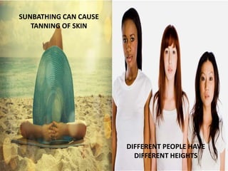 SUNBATHING CAN CAUSE
TANNING OF SKIN
DIFFERENT PEOPLE HAVE
DIFFERENT HEIGHTS
 