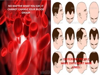 NO MATTER WHAT YOU EAT, IT
CANNOT CHANGE YOUR BLOOD
GROUP
DIFFERENT PEOPLE
HAVE DIFFERENT HAIR
LINES.
 