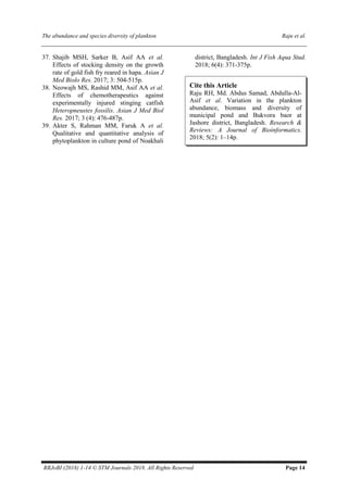 Variation in the plankton abundance, biomass and diversity of Municipal ...