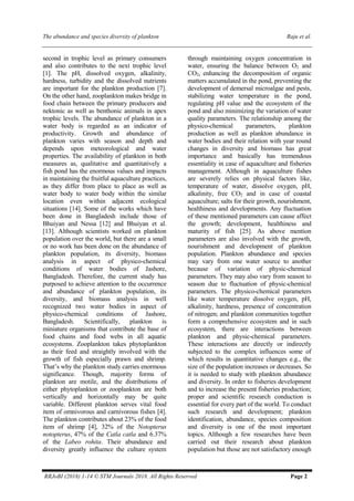 Variation in the plankton abundance, biomass and diversity of Municipal ...