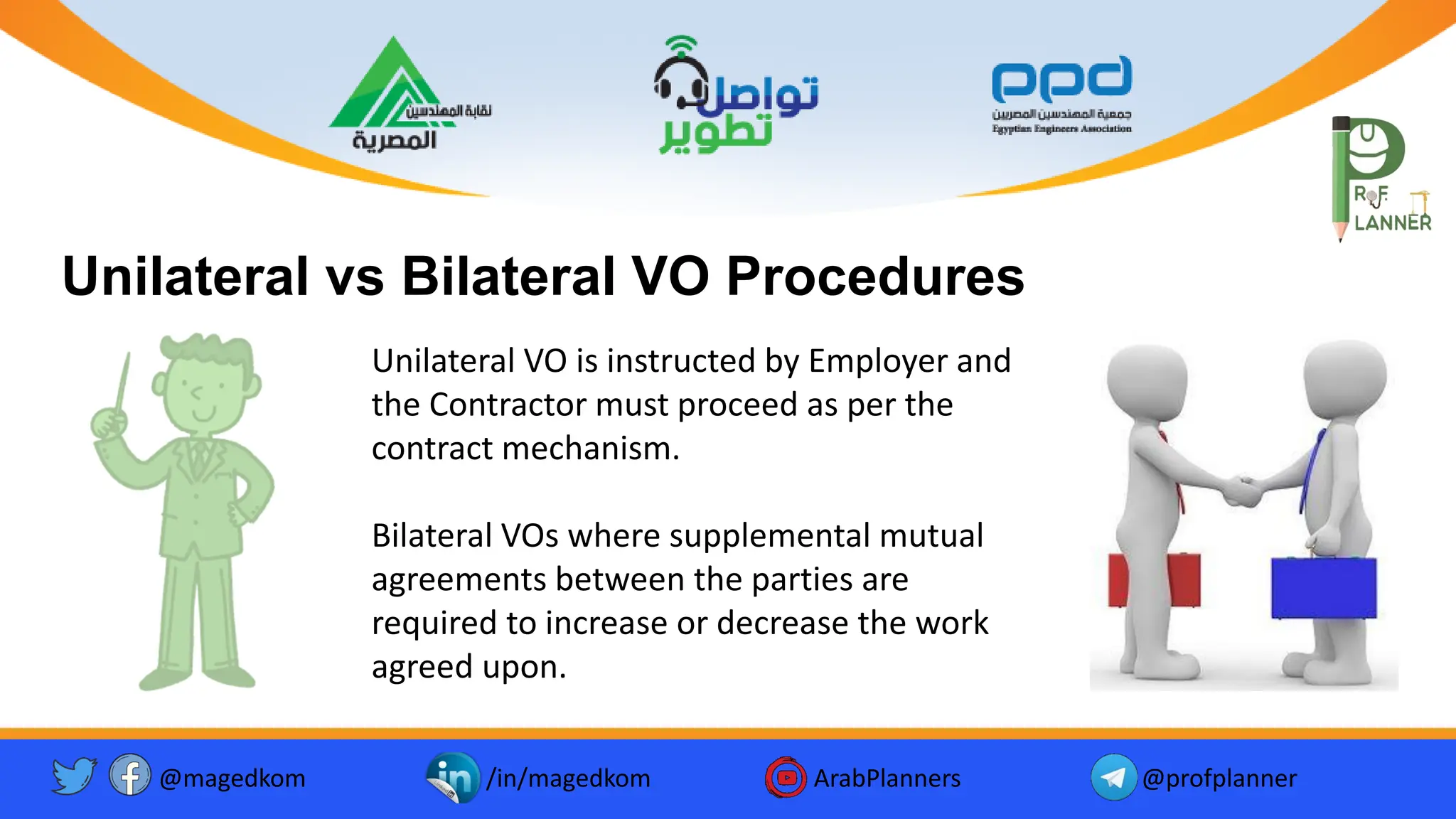 @magedkom /in/magedkom ArabPlanners @profplanner
Facebook Icon - Free Download, PNG and Vector
Youtube Logo Icon, Youtube Icon, Youtube Vector, Youtube PNG and ...
Twitter twitter button twitter logo icon - Popular Social Media ...
Unilateral vs Bilateral VO Procedures
Unilateral VO is instructed by Employer and
the Contractor must proceed as per the
contract mechanism.
Bilateral VOs where supplemental mutual
agreements between the parties are
required to increase or decrease the work
agreed upon.
 
