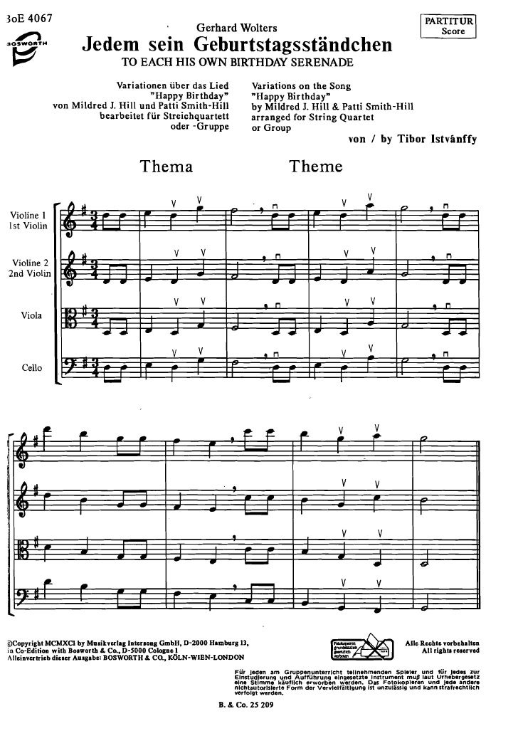 Variations On The Song Happy Birthday Arranged For String Quartet