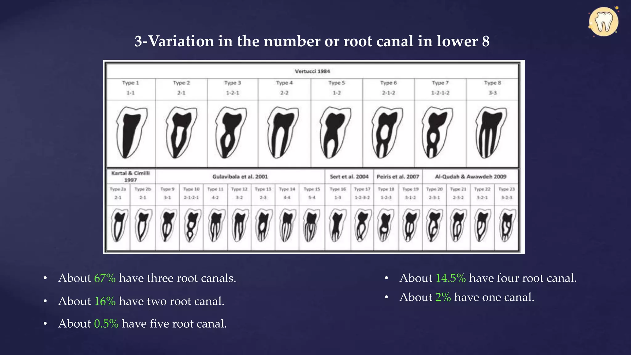 • About 0.5% have five root canal.
3-Variation in the number or root canal in lower 8
• About 67% have three root canals.
• About 16% have two root canal.
• About 14.5% have four root canal.
• About 2% have one canal.
 