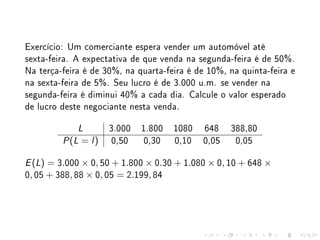 Exercício: Um comerciante espera vender um automóvel até
sexta-feira. A expectativa de que venda na segunda-feira é de 50%.
Na terça-feira é de 30%, na quarta-feira é de 10%, na quinta-feira e
na sexta-feira de 5%. Seu lucro é de 3.000 u.m. se vender na
segunda-feira é diminui 40% a cada dia. Calcule o valor esperado
de lucro deste negociante nesta venda.

             L       3.000   1.800   1080   648    388,80
           ( = l)
         P L          0,50    0,30   0,10   0,05    0,05

  ( ) = 3.000 × 0, 50 + 1.800 × 0.30 + 1.080 × 0, 10 + 648 ×
E L

0, 05 + 388, 88 × 0, 05 = 2.199, 84
 
