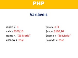 Programação
Orientada a Objetos?
Variáveis
idade <- 3
sal <- 2100,10
nome <- “Zé Maria”
casado <- true
PHP
$idade <- 3
$sal <- 2100,10
$nome <- “Zé Maria”
$casado <- true
 
