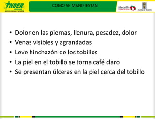 COMO SE MANIFIESTAN




•   Dolor en las piernas, llenura, pesadez, dolor
•   Venas visibles y agrandadas
•   Leve hinchazón de los tobillos
•   La piel en el tobillo se torna café claro
•   Se presentan úlceras en la piel cerca del tobillo
 
