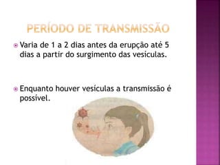  Varia de 1 a 2 dias antes da erupção até 5 
dias a partir do surgimento das vesículas. 
 Enquanto houver vesículas a transmissão é 
possível. 
 
