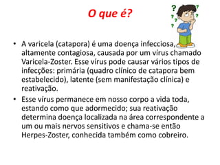 O que é? 
• A varicela (catapora) é uma doença infecciosa, 
altamente contagiosa, causada por um vírus chamado 
Varicela-Zoster. Esse vírus pode causar vários tipos de 
infecções: primária (quadro clínico de catapora bem 
estabelecido), latente (sem manifestação clínica) e 
reativação. 
• Esse vírus permanece em nosso corpo a vida toda, 
estando como que adormecido; sua reativação 
determina doença localizada na área correspondente a 
um ou mais nervos sensitivos e chama-se então 
Herpes-Zoster, conhecida também como cobreiro. 
 