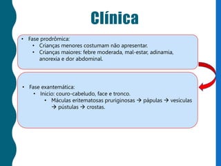 Clínica
• Fase prodrômica:
• Crianças menores costumam não apresentar.
• Crianças maiores: febre moderada, mal-estar, adinamia,
anorexia e dor abdominal.
• Fase exantemática:
• Inicio: couro-cabeludo, face e tronco.
• Máculas eritematosas pruriginosas  pápulas  vesículas
 pústulas  crostas.
 