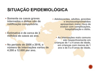 ▪ Somente os casos graves
internados e óbitos são de
notificação compulsória.
▪ Estimativa é de cerca de 3
milhões de casos ao ano.
▪ No período de 2006 a 2016, o
número de internações variou de
4.200 a 12.600 por ano.
▪ Adolescentes, adultos, gravidas
e imunocomprometidos
apresentam maior risco de
evoluir com complicações,
hospitalização e óbito.
▪ As Internações mais comuns
são respectivamente em
crianças de 1 a 4 anos de idade,
em crianças com menos de 1
ano e de 5 a 9 anos de idade.
 