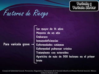 Consejo de Salubridad General. Prevención, Diagnóstico y Tratamiento de la Varicela Infantil en el Primer Nivel de Atención. México:
Gobierno Federal; 2008.

 